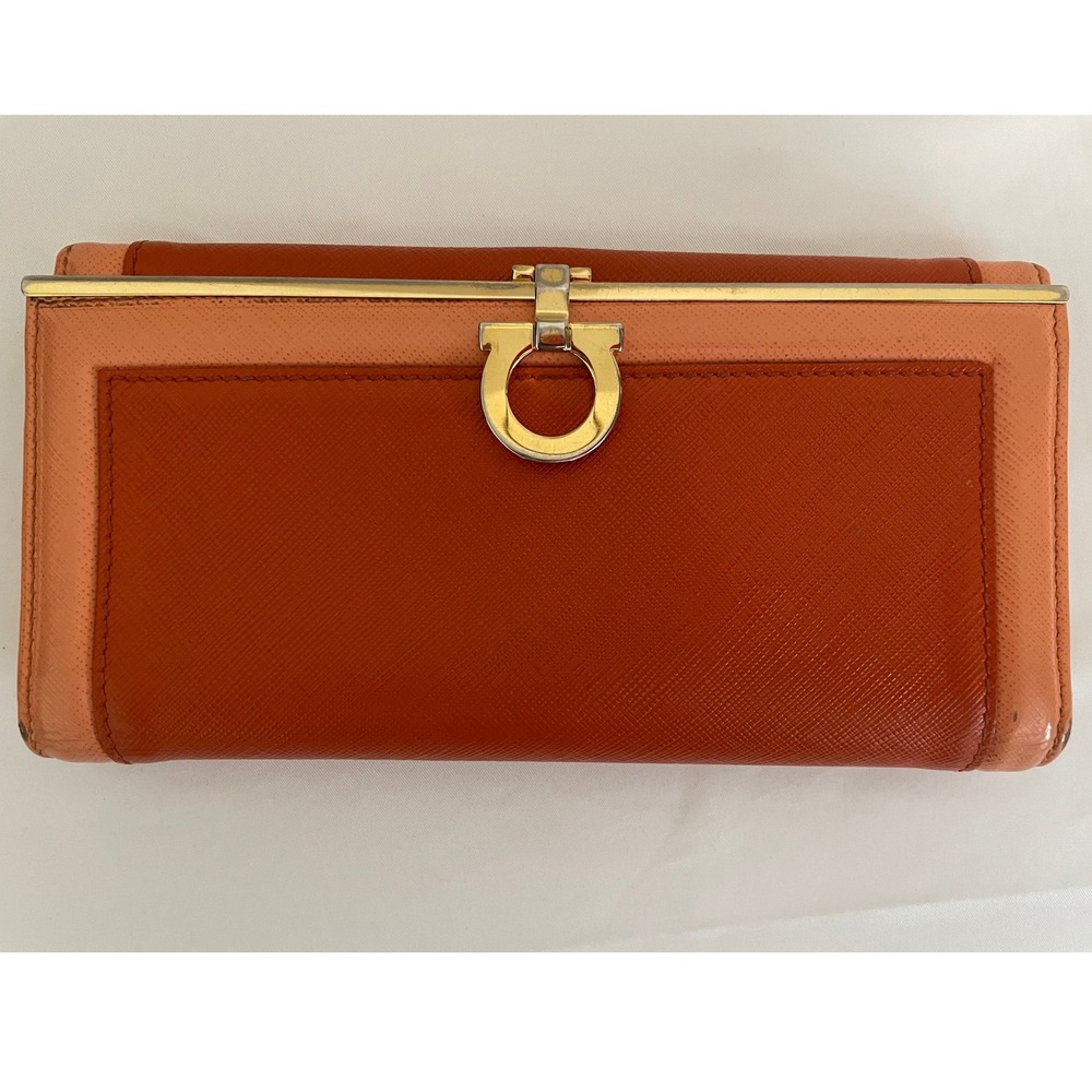 Salvatore Ferragamo Gancini Saffiano Leather Long‎ Wallet Orange Two-Tone #647